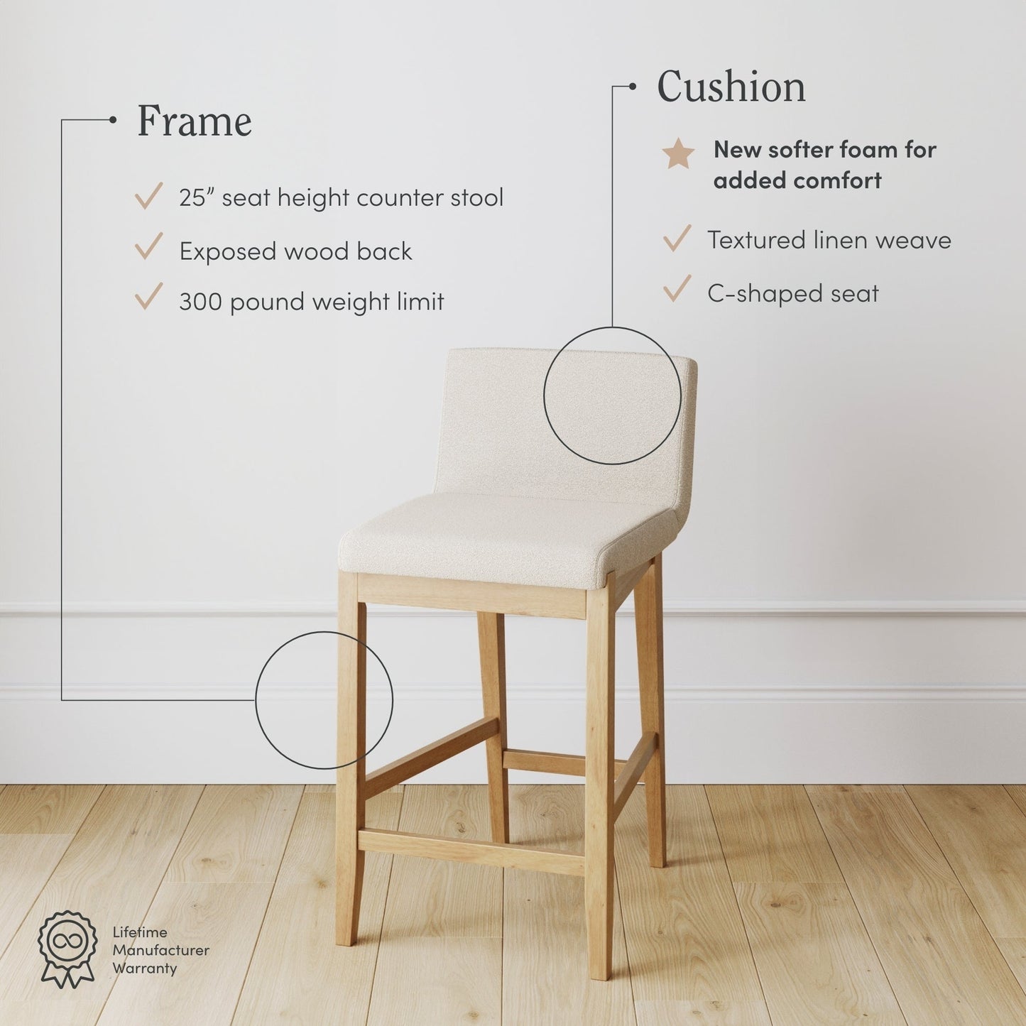 Tabouret de bar moderne Gracie, chaise rembourrée en bouclé et pieds en bois brossé
