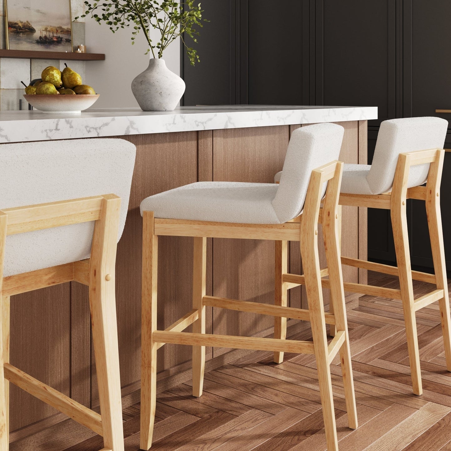 Tabouret de bar moderne Gracie, chaise rembourrée en bouclé et pieds en bois brossé
