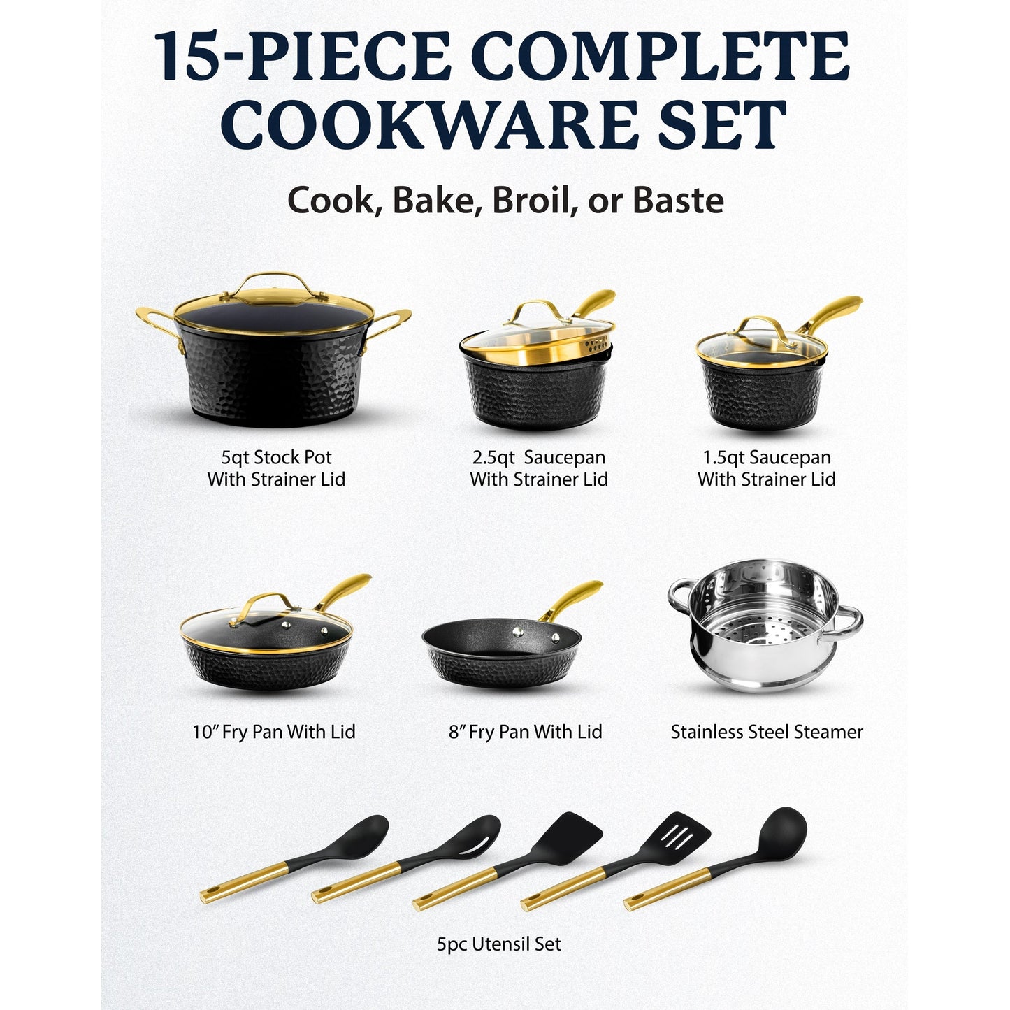 Ensemble de cuisine antiadhésif Granitestone Charleston en 15 pièces, forgé à la main