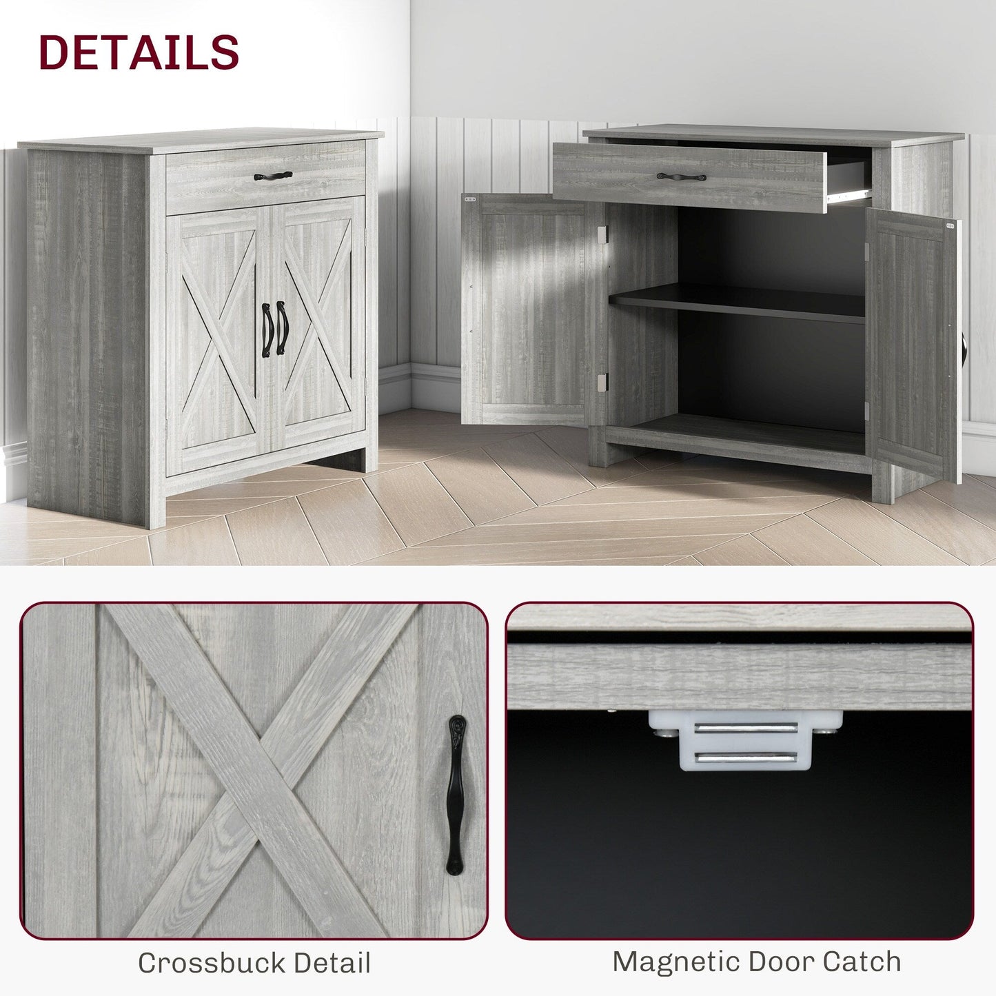 Buffet HOMCOM style porte de grange de ferme, 32 pouces, meuble de rangement, bar à café pour salon ou entrée