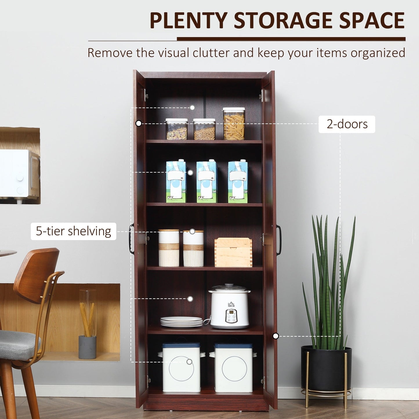 HOMCOM Étagère de rangement pour cuisine, armoire de rangement à 2 portes avec 5 niveaux de rangement et 2 étagères réglables pour salle à manger (63 pouces)