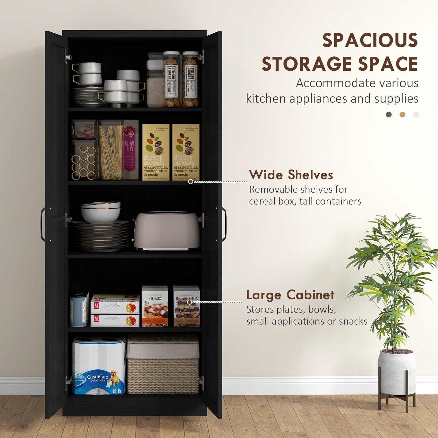HOMCOM Étagère de rangement pour cuisine, armoire de rangement à 2 portes avec 5 niveaux de rangement et 2 étagères réglables pour salle à manger (63 pouces)
