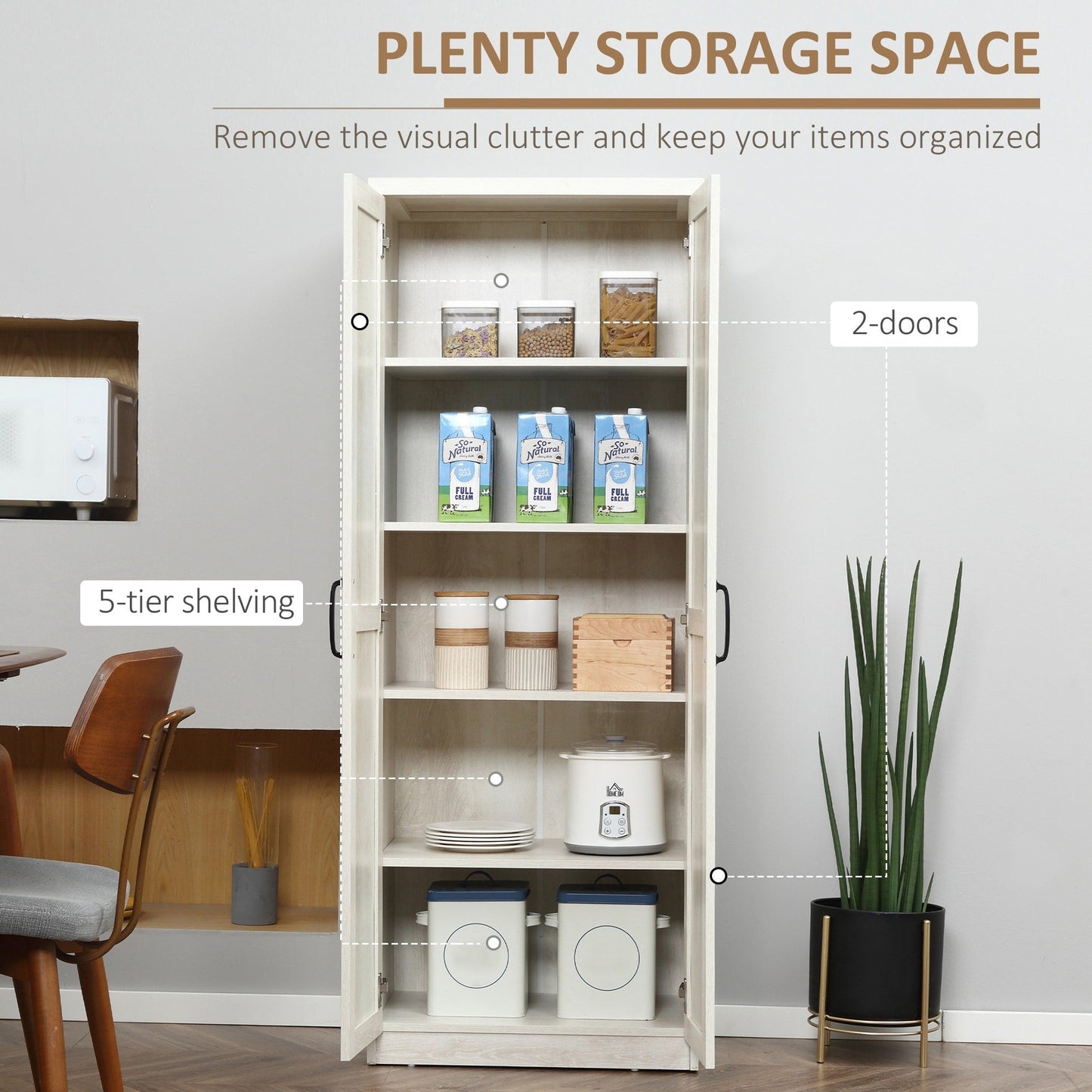 HOMCOM Étagère de rangement pour cuisine, armoire de rangement à 2 portes avec 5 niveaux de rangement et 2 étagères réglables pour salle à manger (63 pouces)