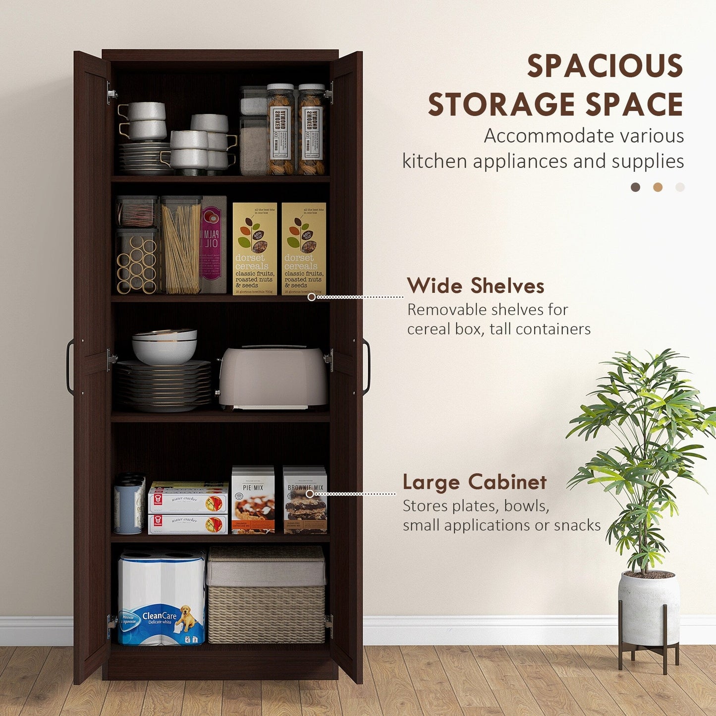 HOMCOM Étagère de rangement pour cuisine, armoire de rangement à 2 portes avec 5 niveaux de rangement et 2 étagères réglables pour salle à manger (63 pouces)