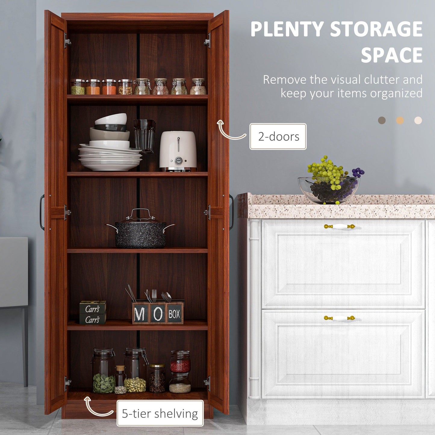 HOMCOM Étagère de rangement pour cuisine, armoire de rangement à 2 portes avec 5 niveaux de rangement et 2 étagères réglables pour salle à manger (63 pouces)