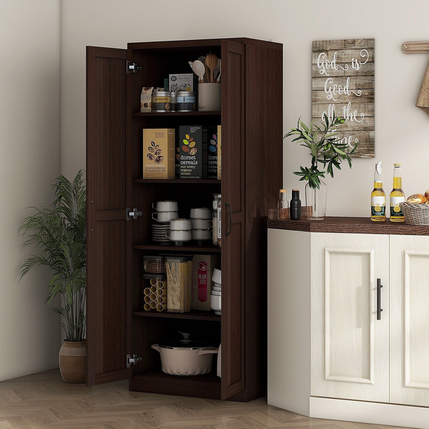 HOMCOM Étagère de rangement pour cuisine, armoire de rangement à 2 portes avec 5 niveaux de rangement et 2 étagères réglables pour salle à manger (63 pouces)