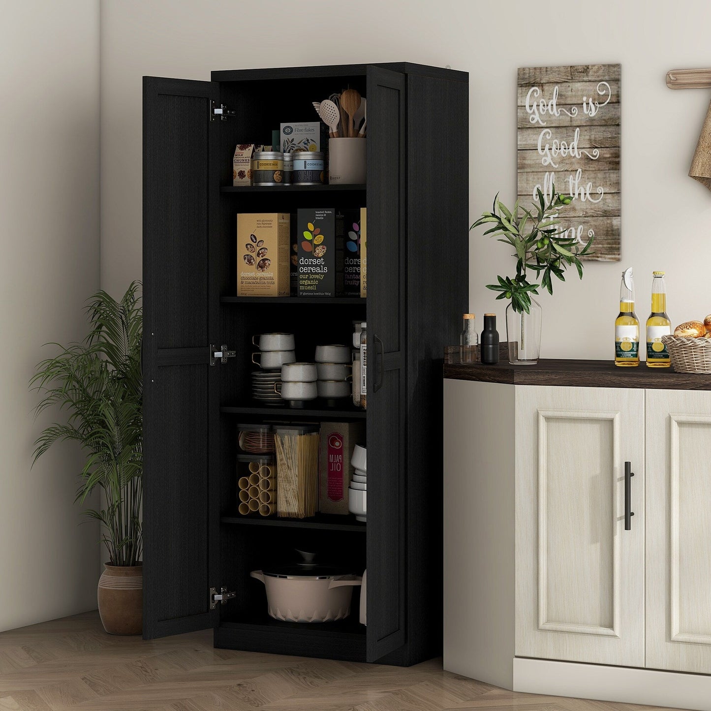 HOMCOM Étagère de rangement pour cuisine, armoire de rangement à 2 portes avec 5 niveaux de rangement et 2 étagères réglables pour salle à manger (63 pouces)