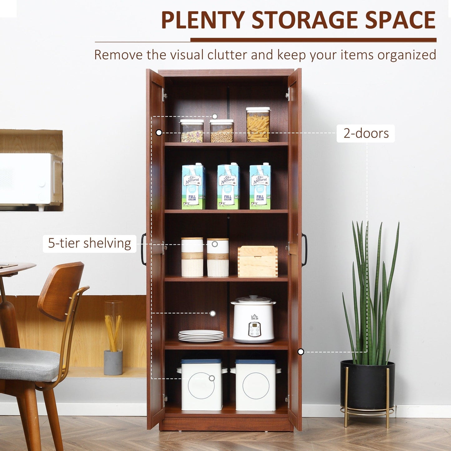 HOMCOM Étagère de rangement pour cuisine, armoire de rangement à 2 portes avec 5 niveaux de rangement et 2 étagères réglables pour salle à manger (63 pouces)
