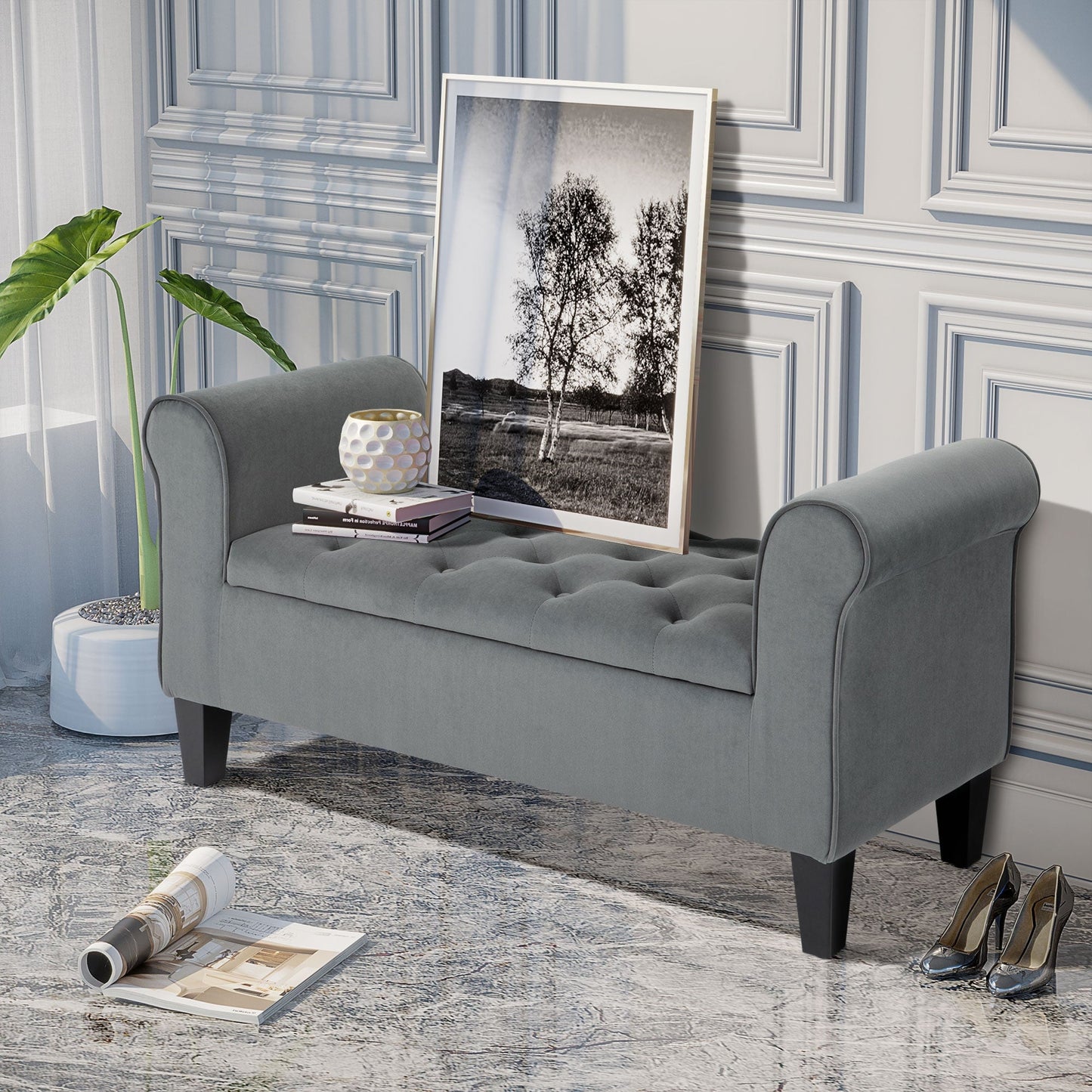 HOMCOM Tabouret Ottoman de Rangement à Boutons Capitonnés, Banc de Lit Tapissé avec Accoudoirs Rouglissés pour Chambre à Coucher, Salon ou Couloir