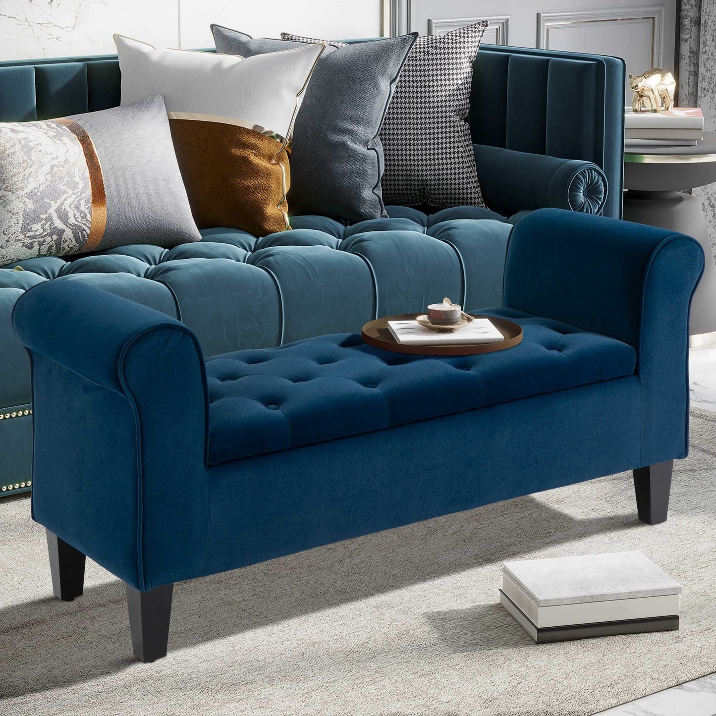 HOMCOM Tabouret Ottoman de Rangement à Boutons Capitonnés, Banc de Lit Tapissé avec Accoudoirs Rouglissés pour Chambre à Coucher, Salon ou Couloir