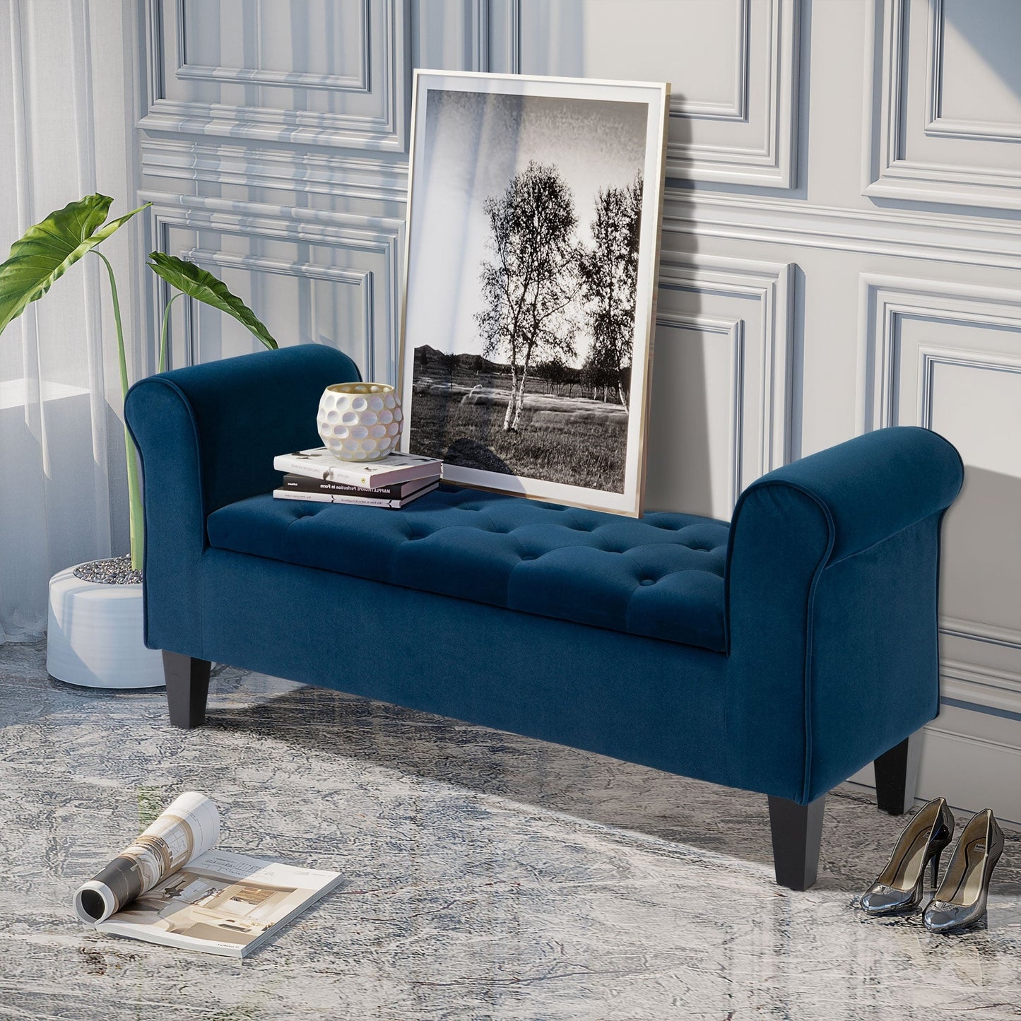 HOMCOM Tabouret Ottoman de Rangement à Boutons Capitonnés, Banc de Lit Tapissé avec Accoudoirs Rouglissés pour Chambre à Coucher, Salon ou Couloir