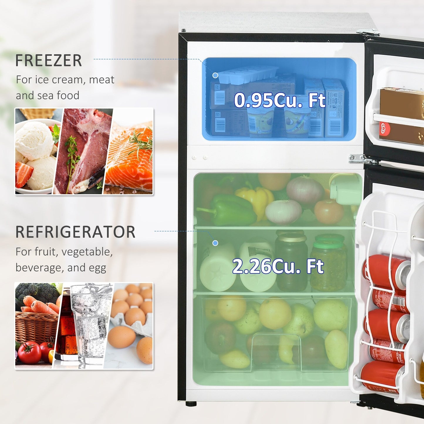 Mini réfrigérateur à double porte avec congélateur HOMCOM, réfrigérateur compact de 3,2 pieds cubes avec étagère réglable et thermostat réglable.