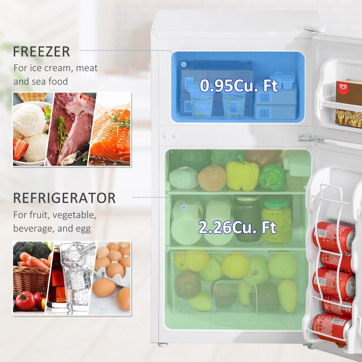 Mini réfrigérateur à double porte avec congélateur HOMCOM, réfrigérateur compact de 3,2 pieds cubes avec étagère réglable et thermostat réglable.
