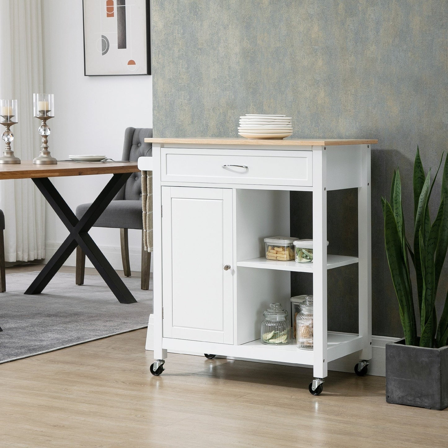 HOMCOM Chariot de cuisine, chariot utilitaire en bois sur roulettes avec étagère ouverte et tiroir de rangement pour salle à manger, cuisine