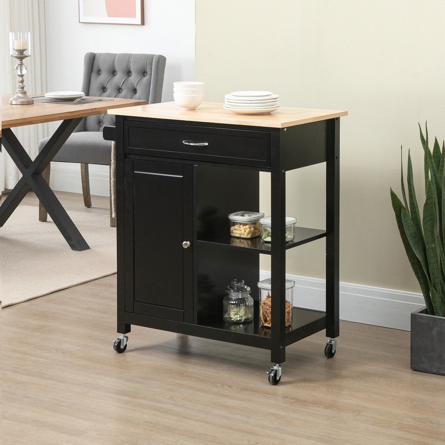 HOMCOM Chariot de cuisine, chariot utilitaire en bois sur roulettes avec étagère ouverte et tiroir de rangement pour salle à manger, cuisine