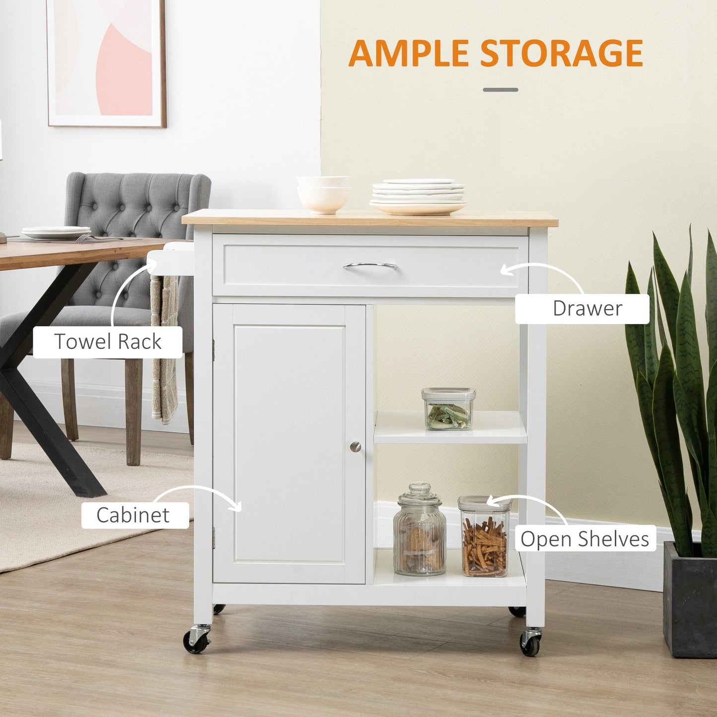 HOMCOM Chariot de cuisine, chariot utilitaire en bois sur roulettes avec étagère ouverte et tiroir de rangement pour salle à manger, cuisine
