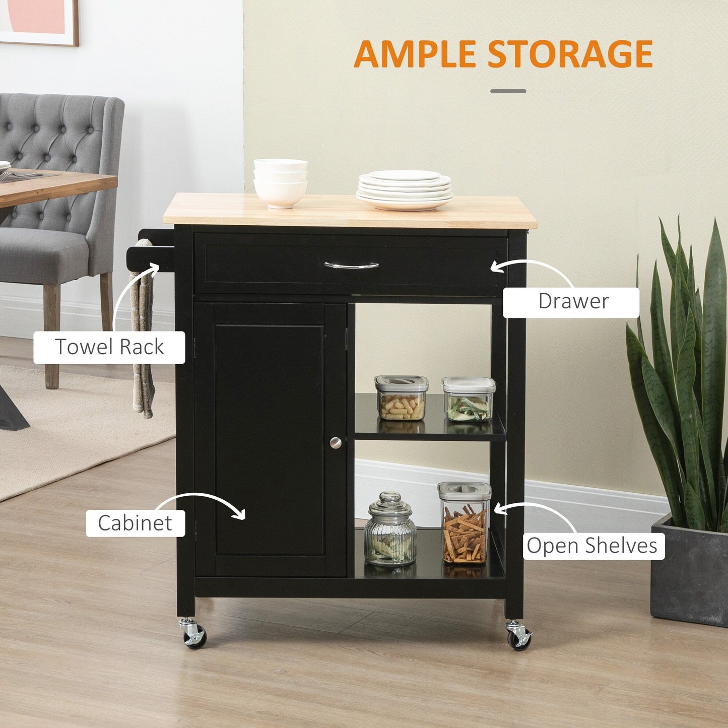 HOMCOM Chariot de cuisine, chariot utilitaire en bois sur roulettes avec étagère ouverte et tiroir de rangement pour salle à manger, cuisine