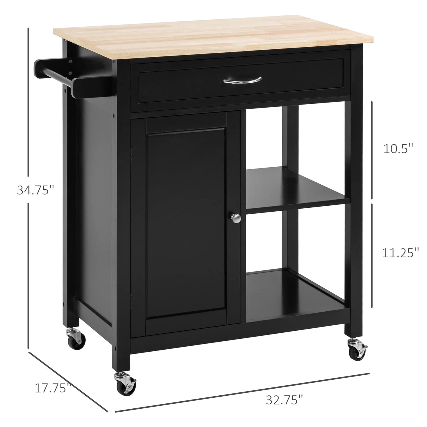 HOMCOM Chariot de cuisine, chariot utilitaire en bois sur roulettes avec étagère ouverte et tiroir de rangement pour salle à manger, cuisine
