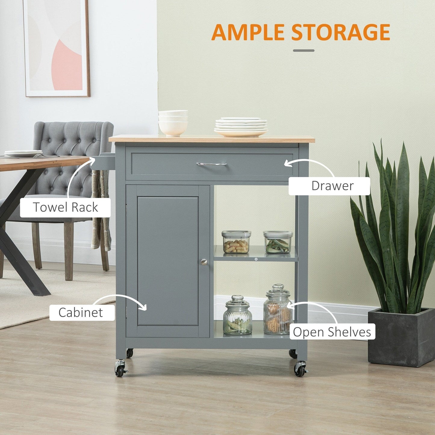 HOMCOM Chariot de cuisine, chariot utilitaire en bois sur roulettes avec étagère ouverte et tiroir de rangement pour salle à manger, cuisine