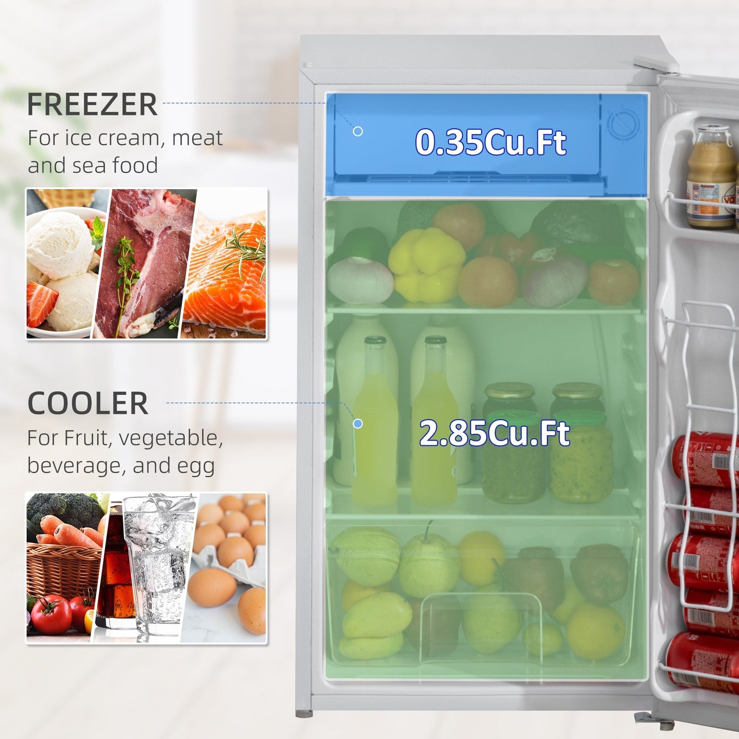 Mini réfrigérateur HOMCOM 3.2 Cu.Ft avec congélateur, réfrigérateur compact à porte simple avec thermostat réglable pour chambre à coucher