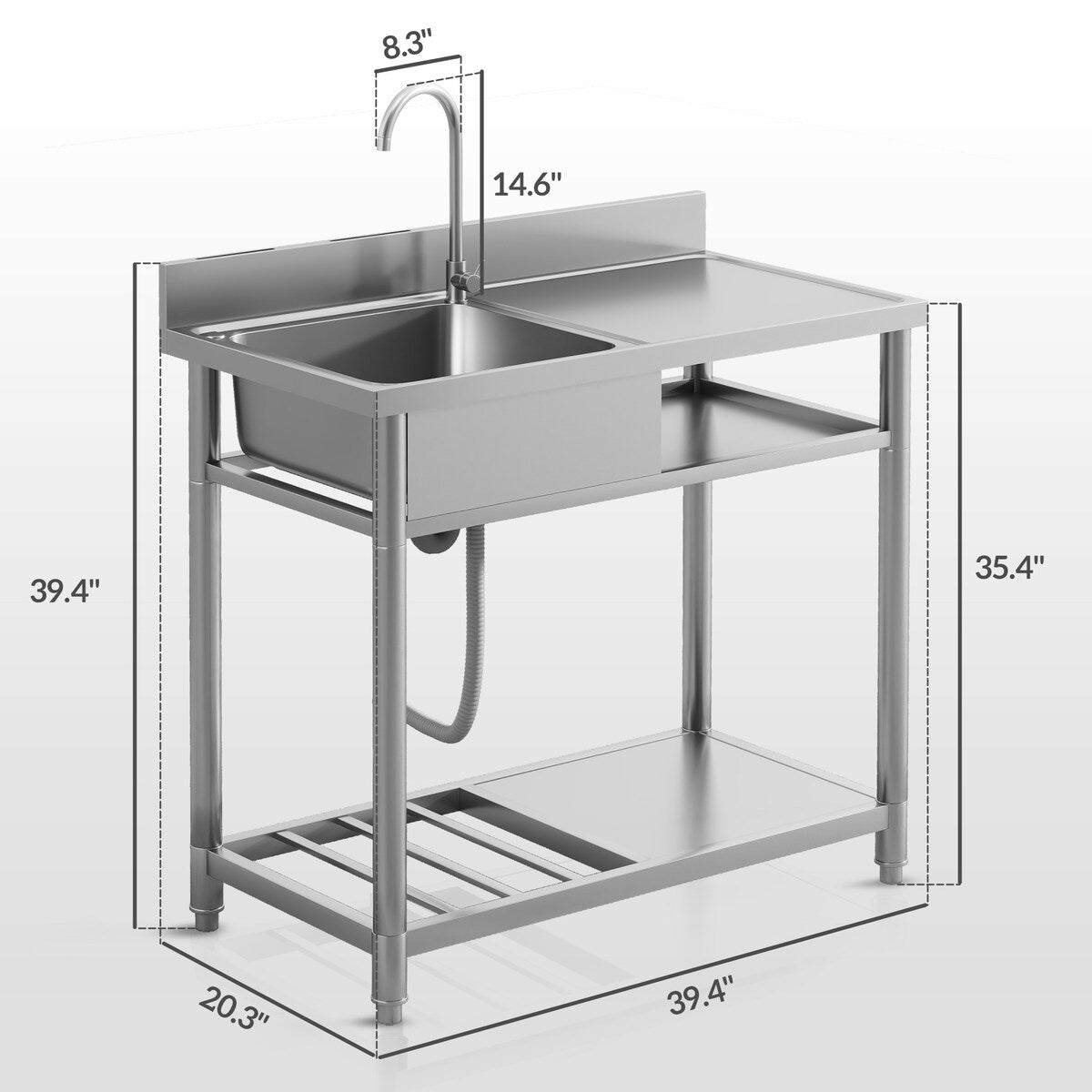 Bassin de lavage extérieur HOMCOM, évier profond en acier inoxydable, évier de cuisine simple à poser, 39 pouces - 39 pouces