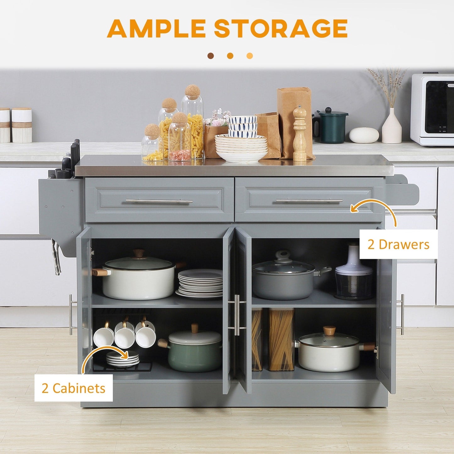 Îlot roulant de cuisine HOMCOM avec rangement, chariot de cuisine portable avec plateau en acier inoxydable, gris - N/A