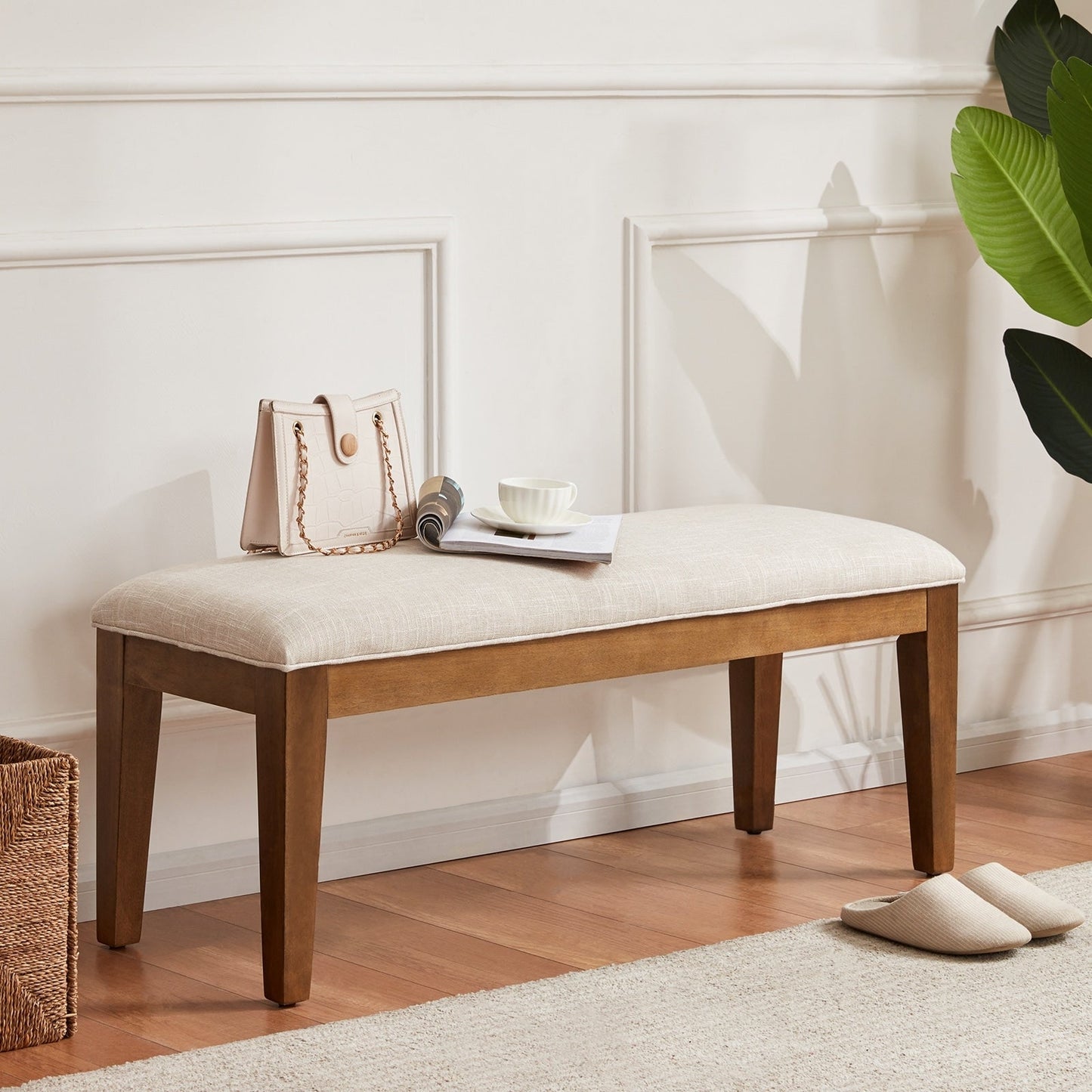 Banc d'entrée recouvert de tissu, banc de chambre à coucher pour le pied du lit beige, en bois massif, 44 pouces