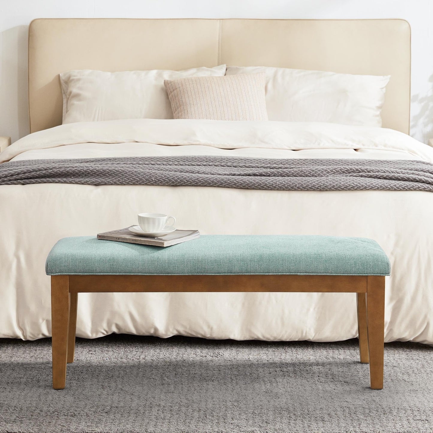 Banc d'entrée recouvert de tissu, banc de chambre à coucher pour le pied du lit beige, en bois massif, 44 pouces