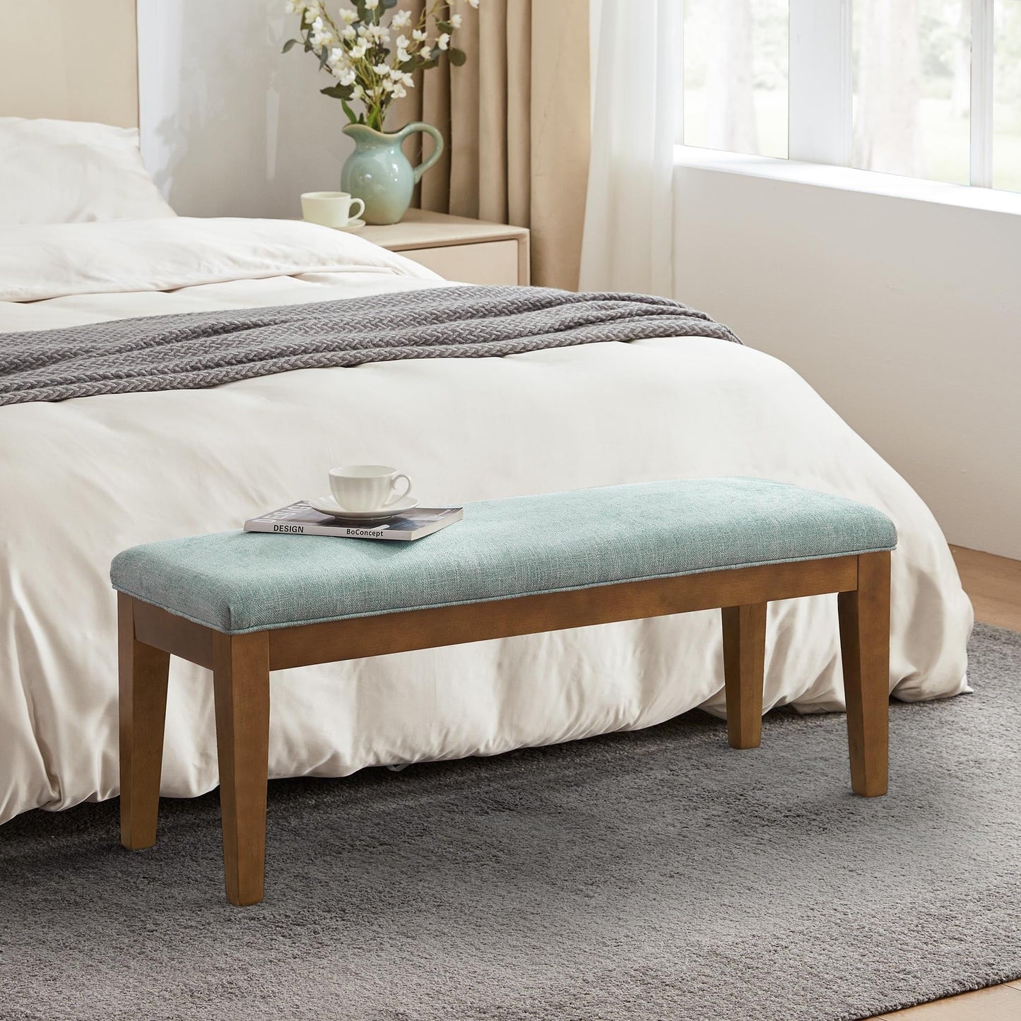 Banc d'entrée recouvert de tissu, banc de chambre à coucher pour le pied du lit beige, en bois massif, 44 pouces