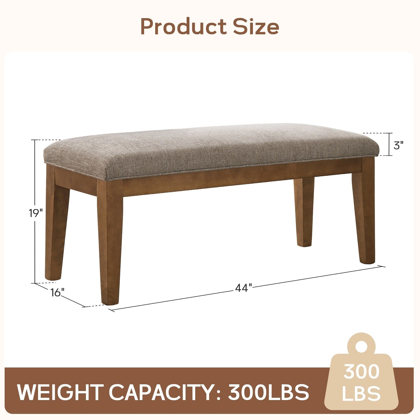 Banc d'entrée recouvert de tissu, banc de chambre à coucher pour le pied du lit beige, en bois massif, 44 pouces