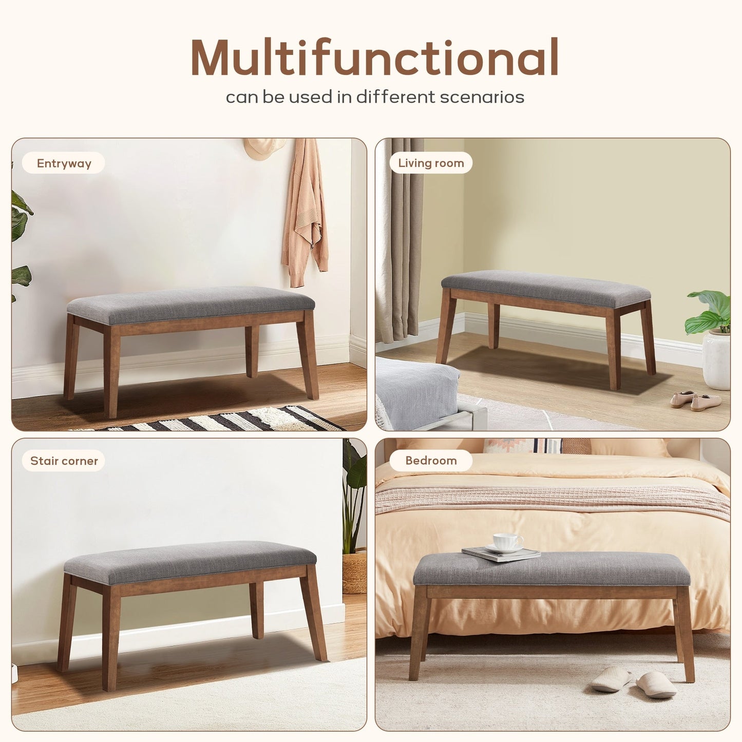 Banc d'entrée recouvert de tissu, banc de chambre à coucher pour le pied du lit beige, en bois massif, 44 pouces