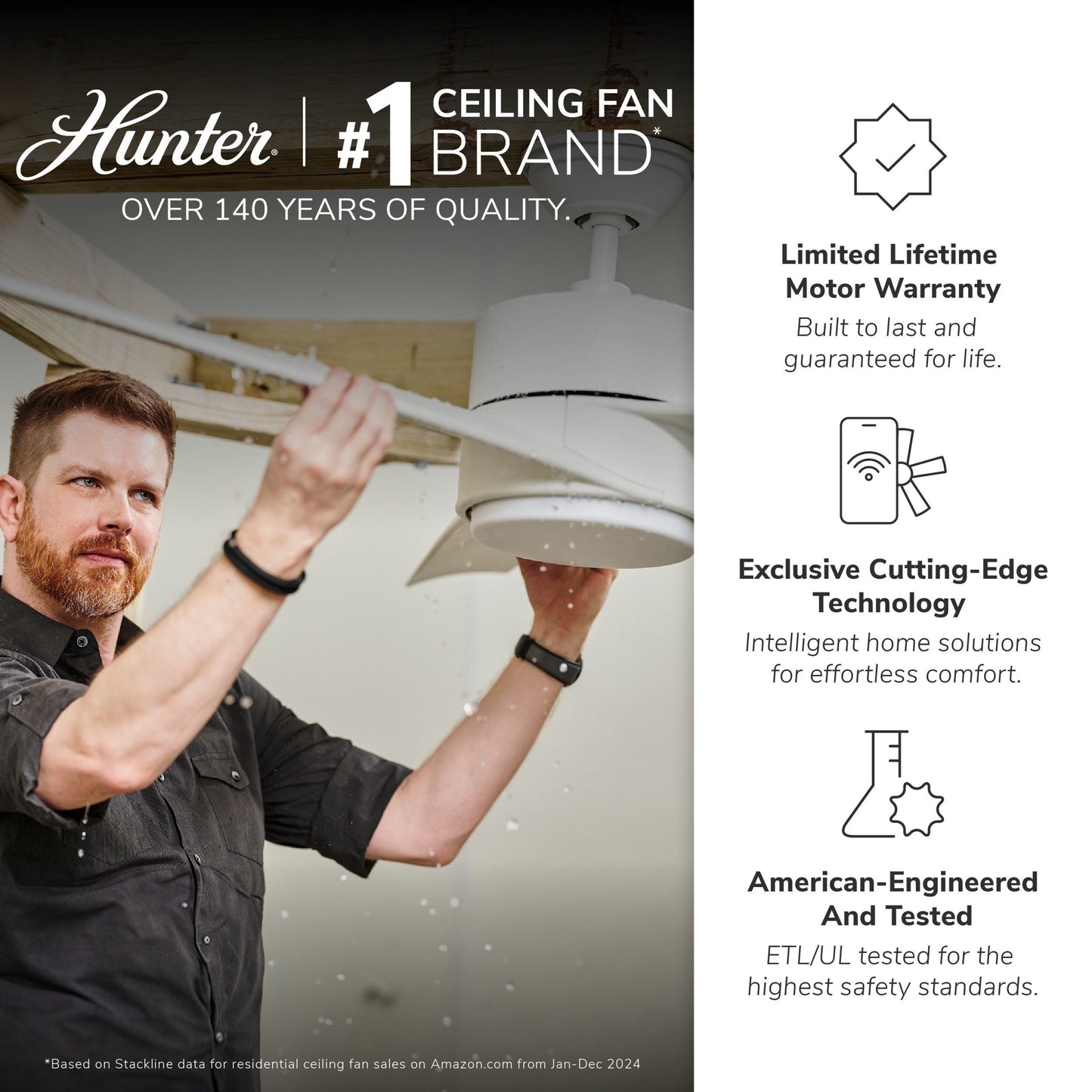 Ventilateur de plafond Hunter WiFi Whittington avec éclairage LED, télécommande - Style moulin à vent - Industriel, ferme, rustique - VENTILATEUR INTELLIGENT !