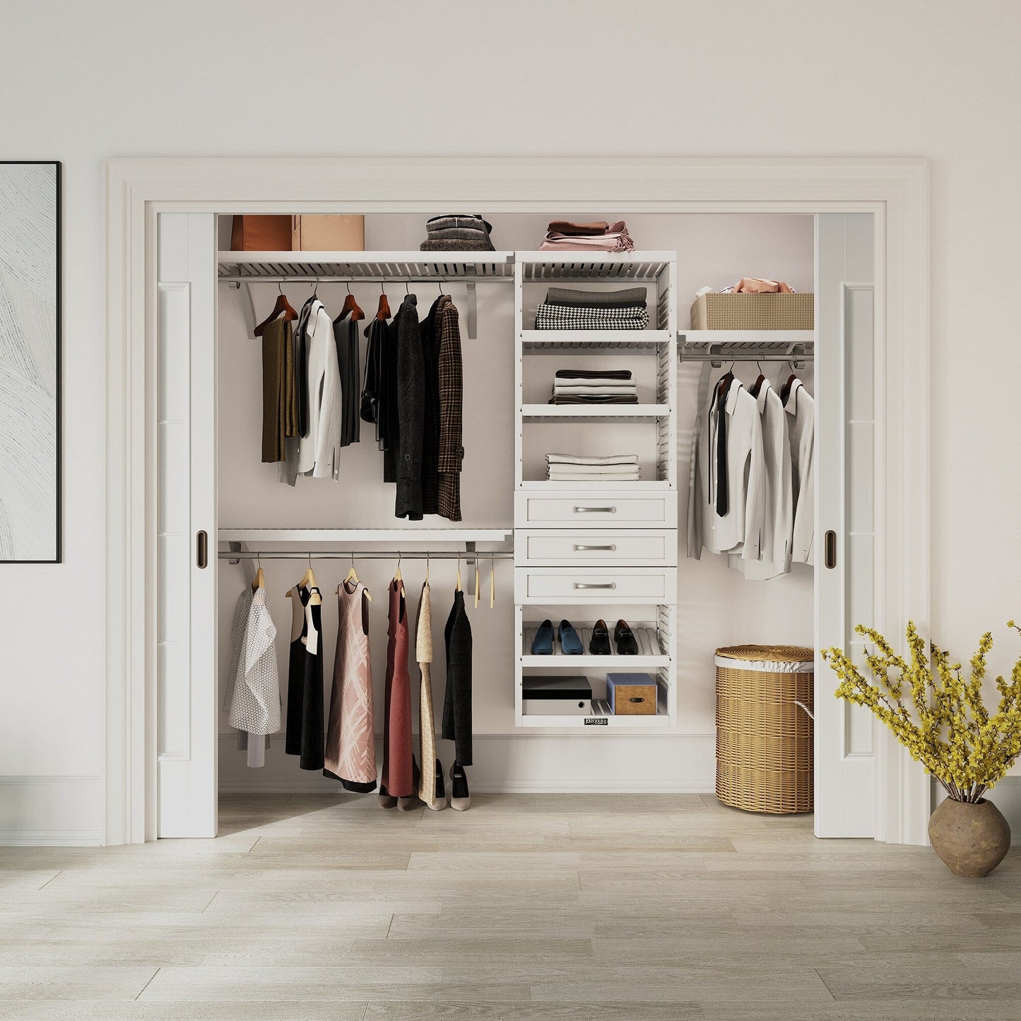 Système de placard à armoire en bois massif John Louis Home avec 3 tiroirs, blanc.