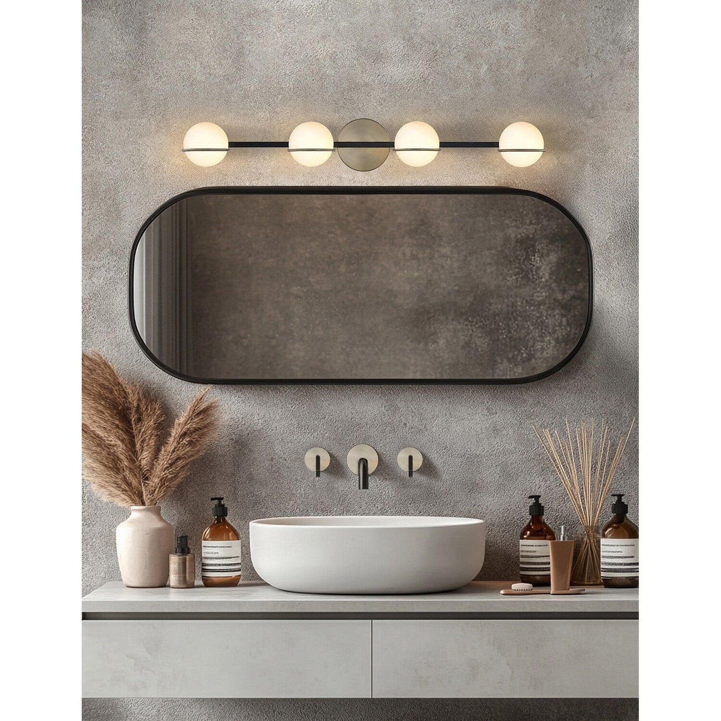 Justice Design Group EVOLV Fusion Centric Barre lumineuse de salle de bain à 4 lumières avec abat-jour en verre opale
