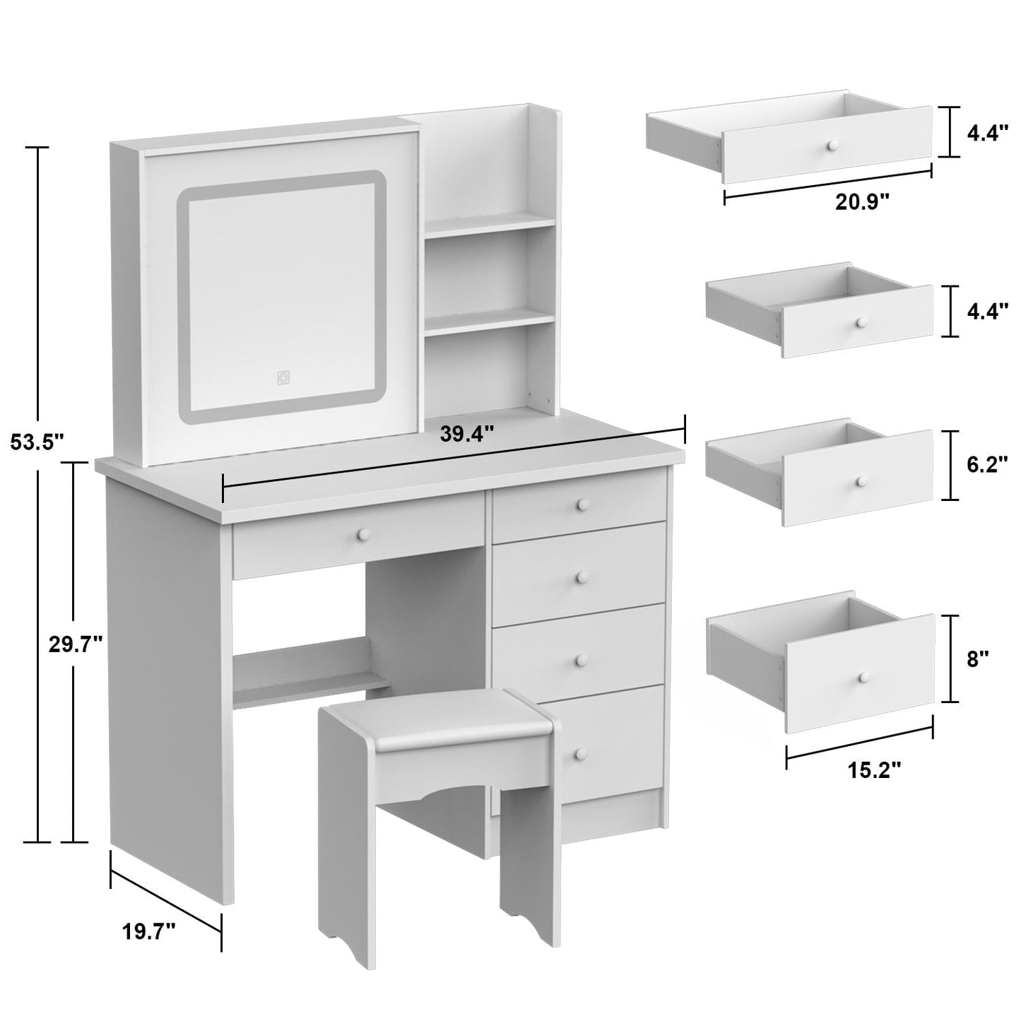 Ensemble de coiffeuse Kerrogee avec miroir éclairé réglable et tabouret - 99,9L x 49,9l x 136,1H (cm)