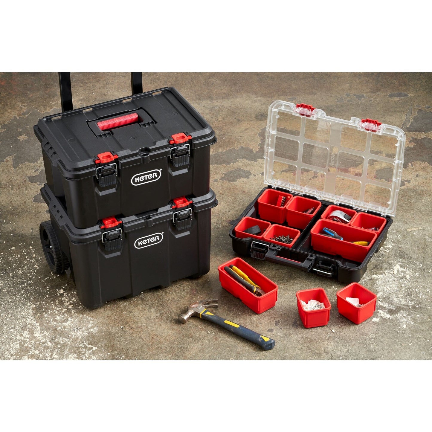 Keter Stack-n-Roll, système modulaire de rangement et d'organisation d'outils sur roulettes, 3 pièces, en résine durable.