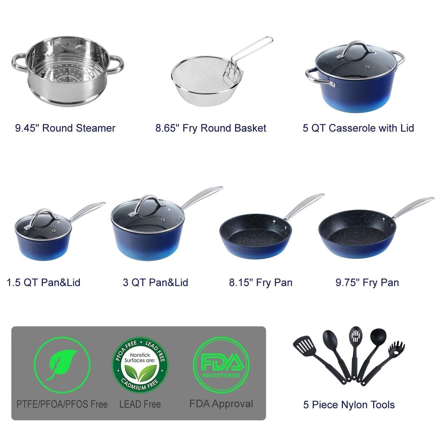Ensemble de cuisine Kitchen Academy 15 pièces avec revêtement antiadhésif en granit