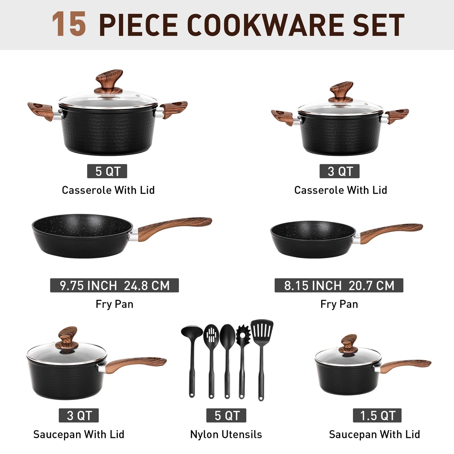 Ensemble de cuisine Kitchen Academy 15 pièces avec revêtement antiadhésif en granit