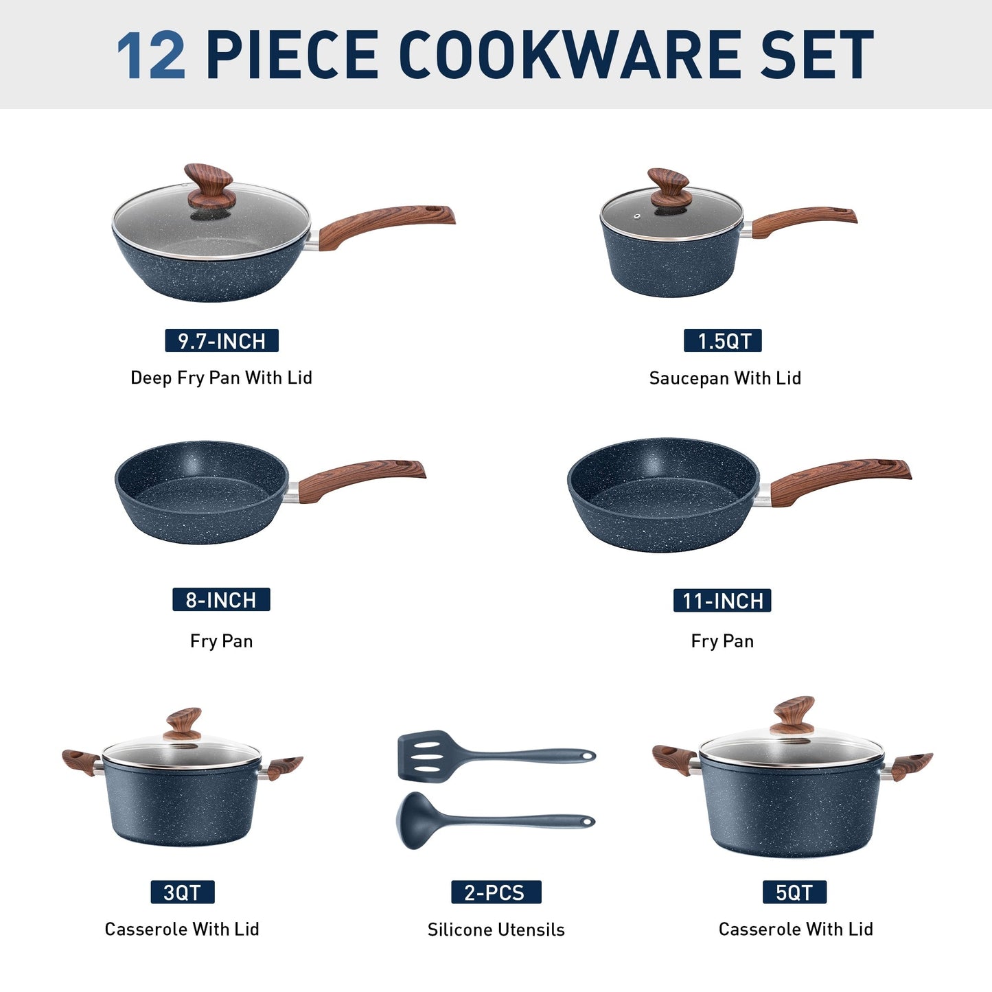 Ensemble de casseroles et poêles antiadhésives, 12 pièces, ensemble de cuisson en granit.