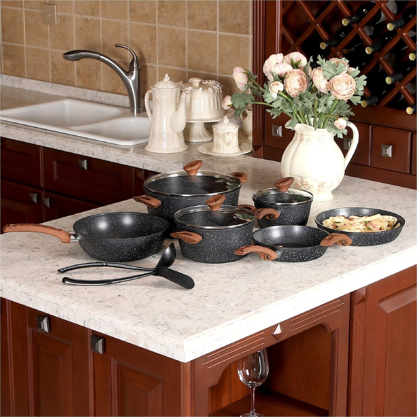 Ensemble de casseroles et poêles antiadhésives, 12 pièces, ensemble de cuisson en granit.