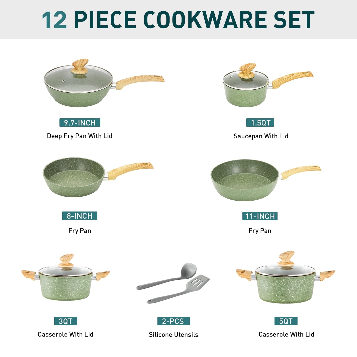 Ensemble de casseroles et poêles antiadhésives, 12 pièces, ensemble de cuisson en granit.