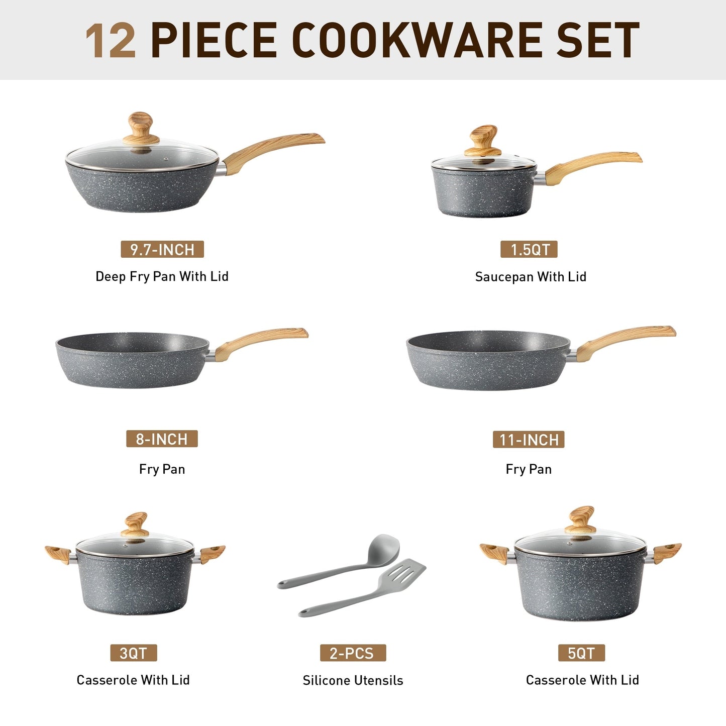 Ensemble de casseroles et poêles antiadhésives, 12 pièces, ensemble de cuisson en granit.