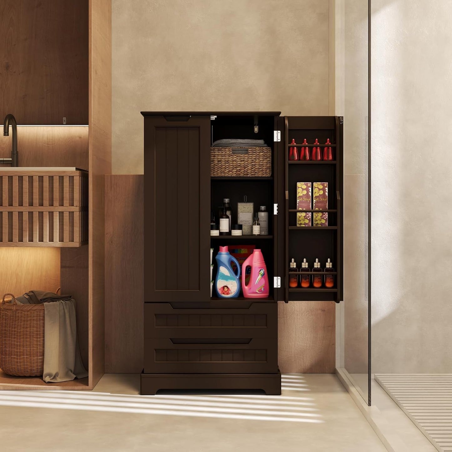 Armoire de rangement pour cuisine, armoire de rangement de salle de bain autoportante avec 2 portes et tiroirs