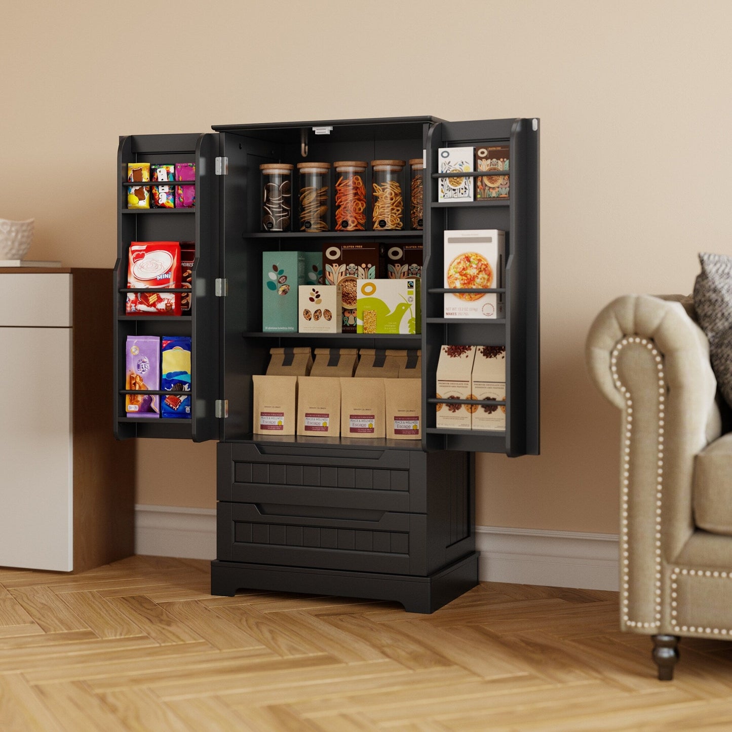 Armoire de rangement pour cuisine, armoire de rangement de salle de bain autoportante avec 2 portes et tiroirs