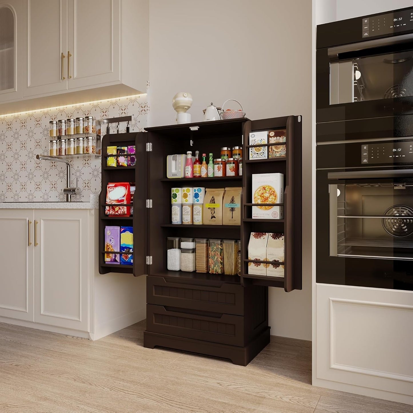 Armoire de rangement pour cuisine, armoire de rangement de salle de bain autoportante avec 2 portes et tiroirs