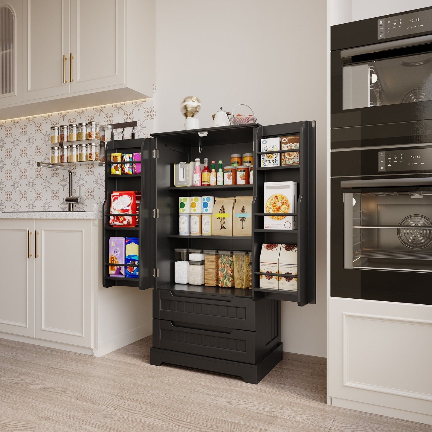 Armoire de rangement pour cuisine, armoire de rangement de salle de bain autoportante avec 2 portes et tiroirs