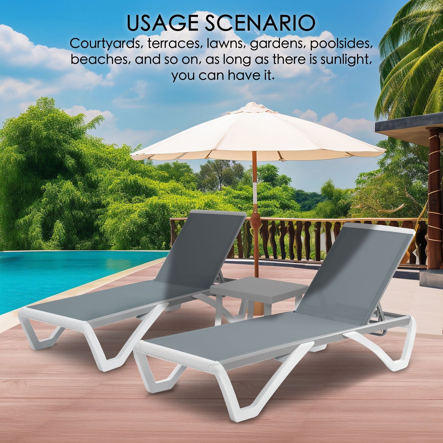 Chaise longue de jardin inclinable et réglable Kozyard Alan, entièrement en aluminium et pieds en résine de polypropylène.