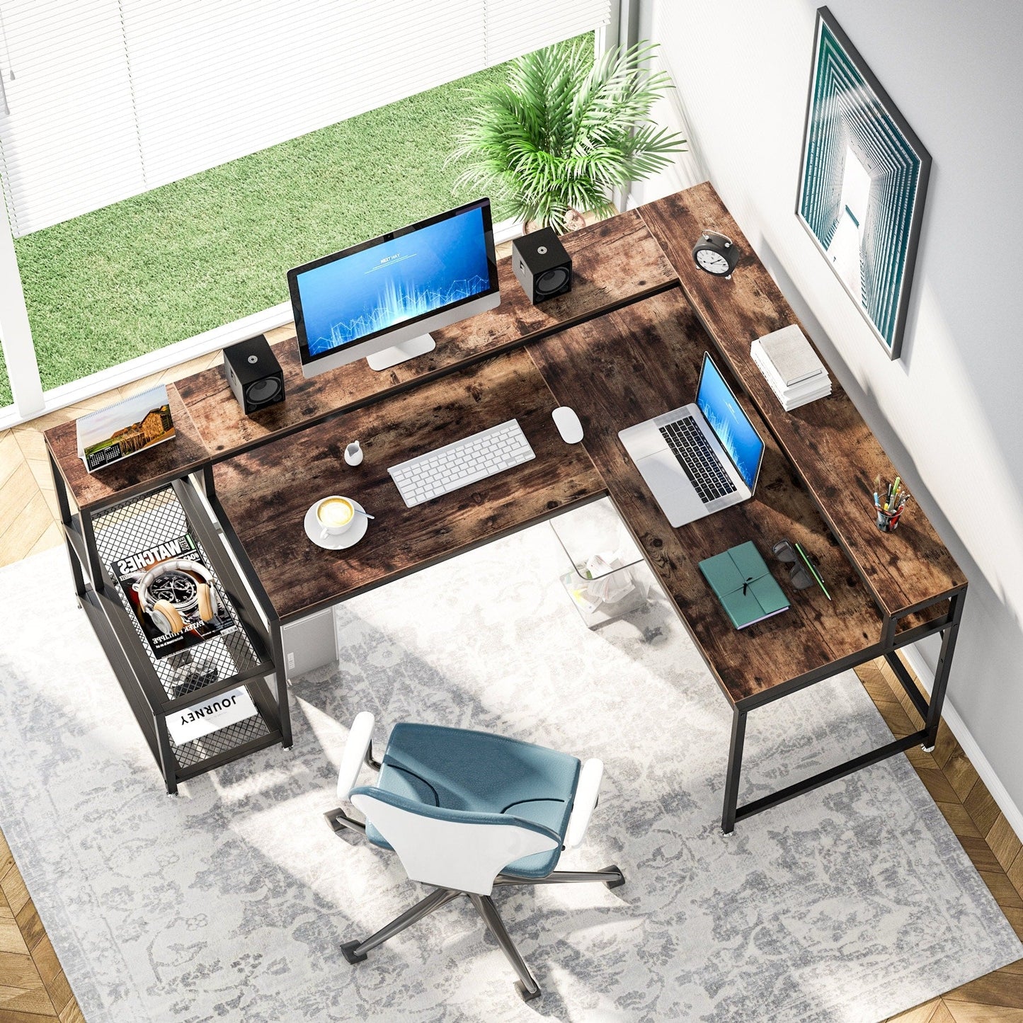 Bureau en forme de L avec étagère pour écran, bureau d'ordinateur d'angle réversible pour bureau à domicile 69