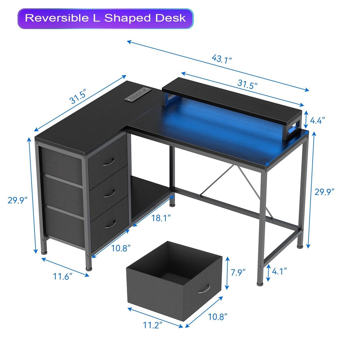 Bureau en forme de L avec prises électriques et lumières LED