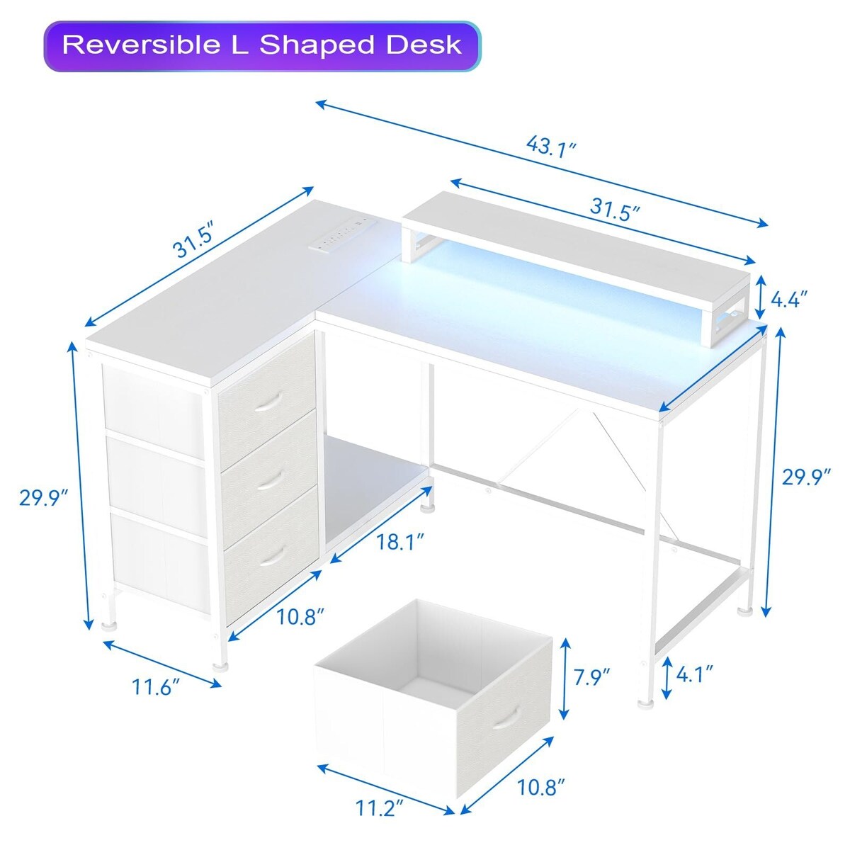Bureau en forme de L avec prises électriques et lumières LED
